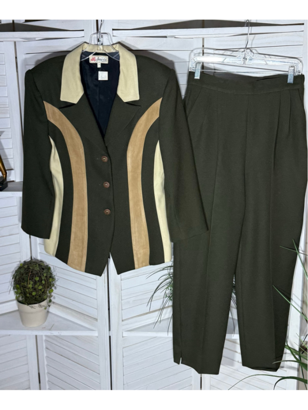 Vintage 90s blazer pants suit set green tan color block wide legs career wear M